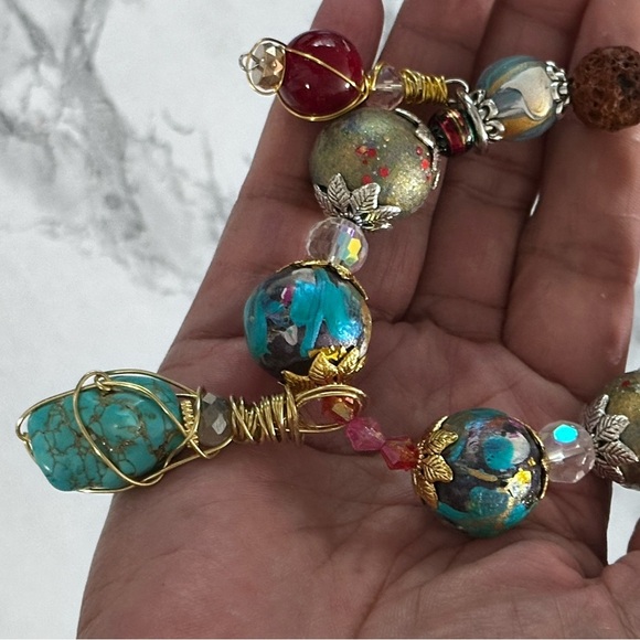 Artisan Blue and Gold Bracelet with Intricate Beadwork Hand Painted OOAK 0778 G - Picture 4 of 8